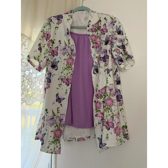 Unbranded Tops - 2‎ Piece Set Women XXL Purple Butterfly Floral Cardigan Cami Cottagecore Grandma